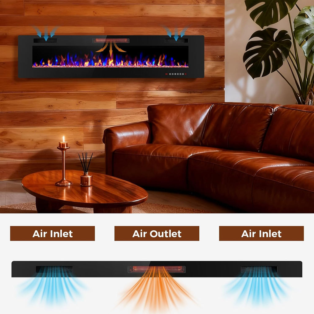 Electactic 68 Inch Electric Fireplace Insert Ultra-Thin - Recessed & Wall-Mounted Fireplace Heater with Thermostat, Adjustable Flame, Remote Control - Linear with Timer, Touch Screen, 750/1500W
