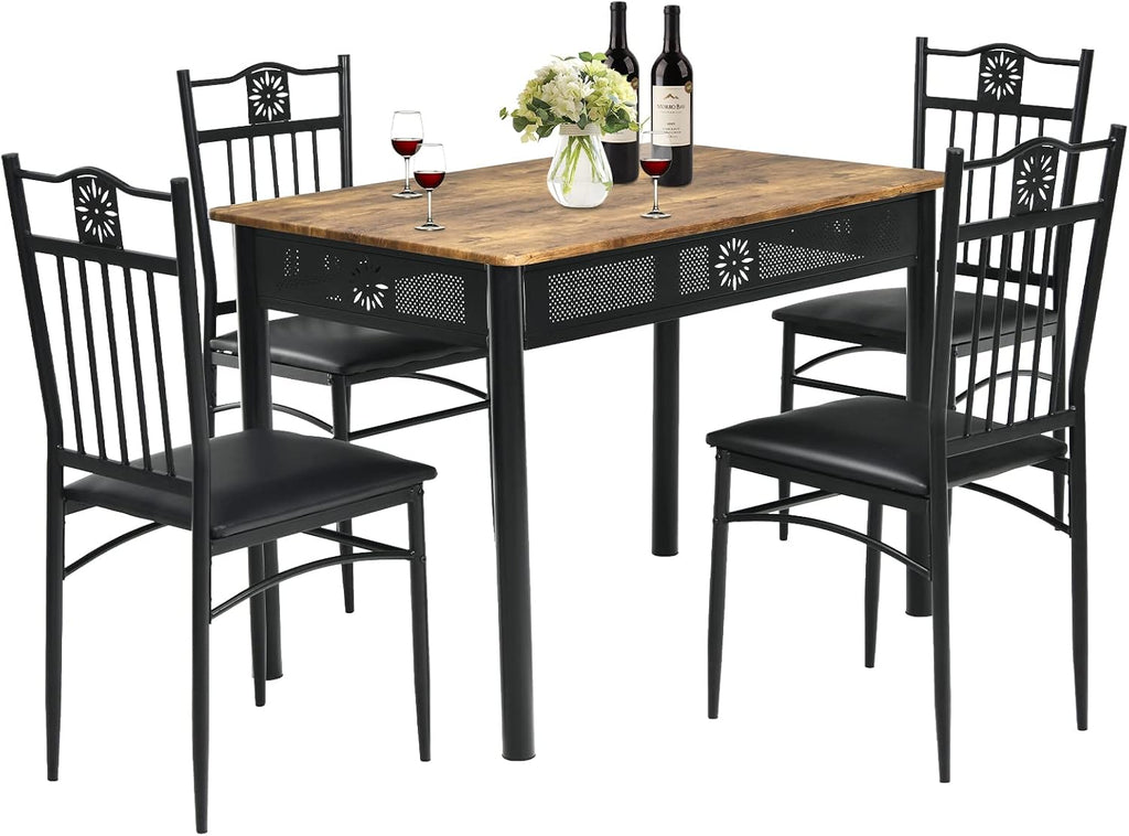 COSTWAY 5 Pieces Dining Table Set, Modern Kitchen Table Set for 4 Person, 42” Rectangular Table w/ 4 Upholstered Chairs, Bistro Table Set for Home, Coffee Shop & Restaurant (Black)
