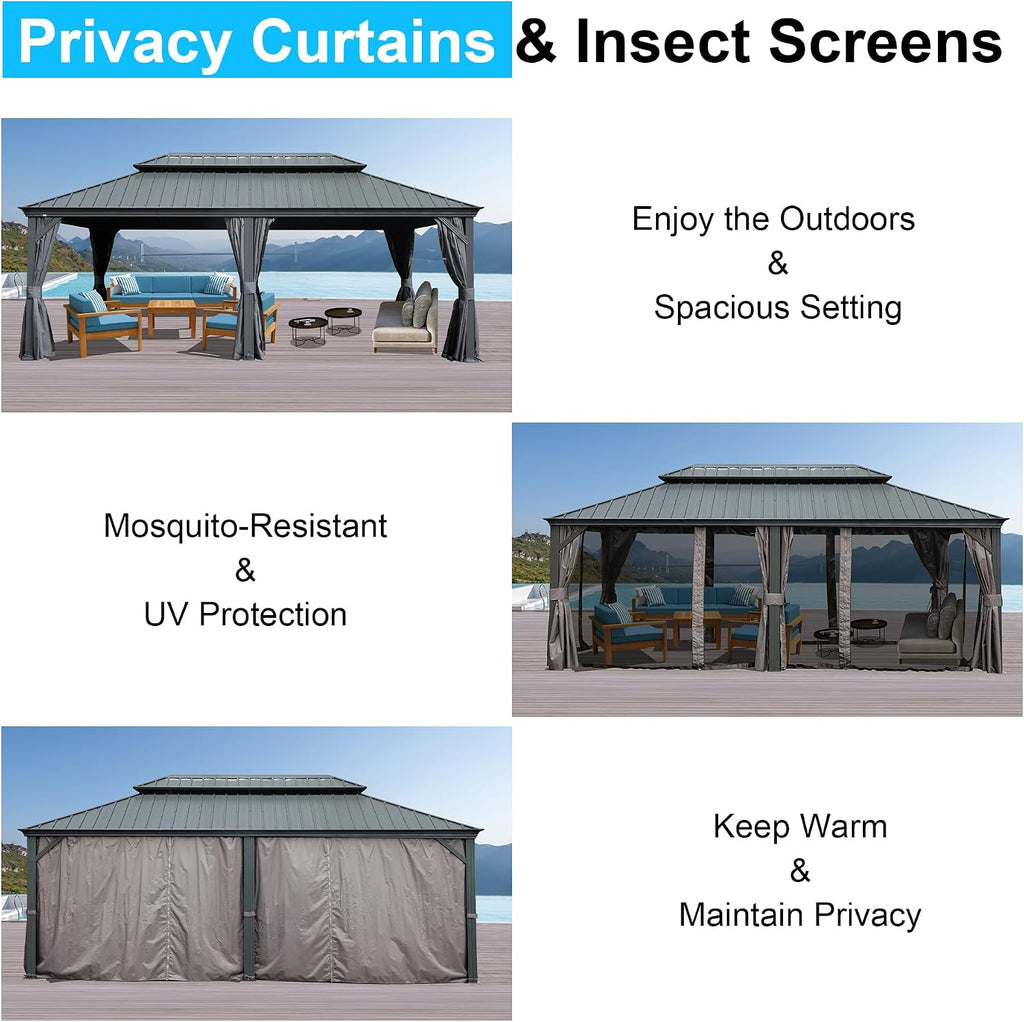 Domi 14’ x 24’ Outdoor Hardtop Gazebo, Upgraded Metal Gazebo with Galvanized Steel Double Roof, Heavy Duty Canopy Permanent Pavilion for Patio Lawn and Garden, Curtains and Netting Included, Grey