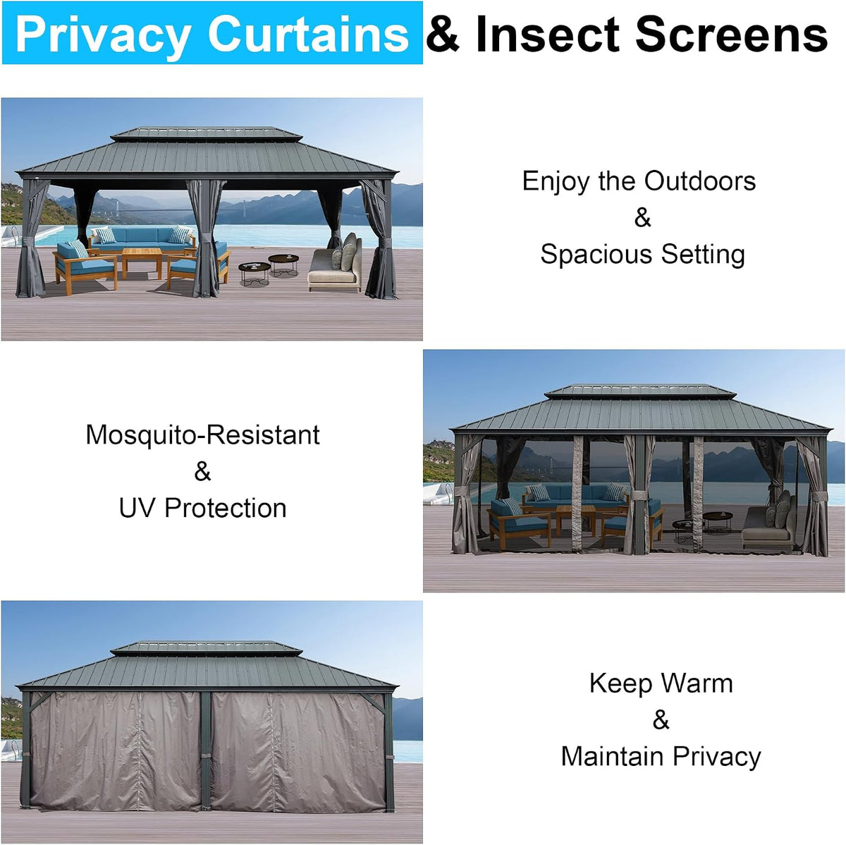 Domi 14’ x 24’ Outdoor Hardtop Gazebo, Upgraded Metal Gazebo with Galvanized Steel Double Roof, Heavy Duty Canopy Permanent Pavilion for Patio Lawn and Garden, Curtains and Netting Included, Grey