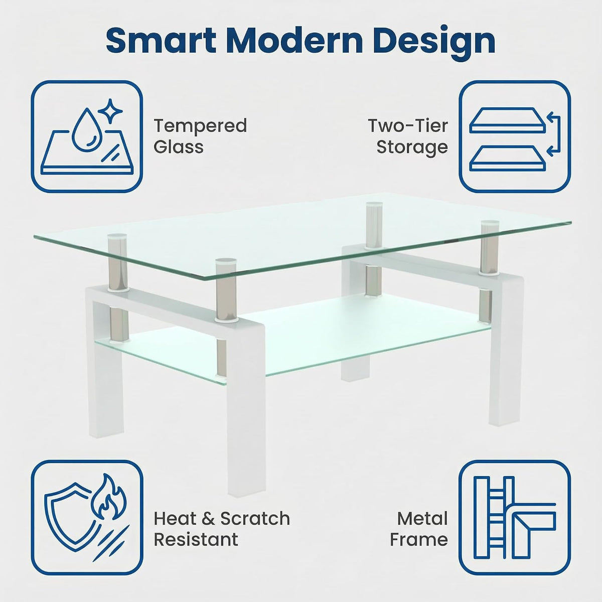 Glass Coffee Table for Living Room, Modern Coffee Table with Transparent Tempered Glass Top and White Metal Legs, Rectangle Tea Table for Home