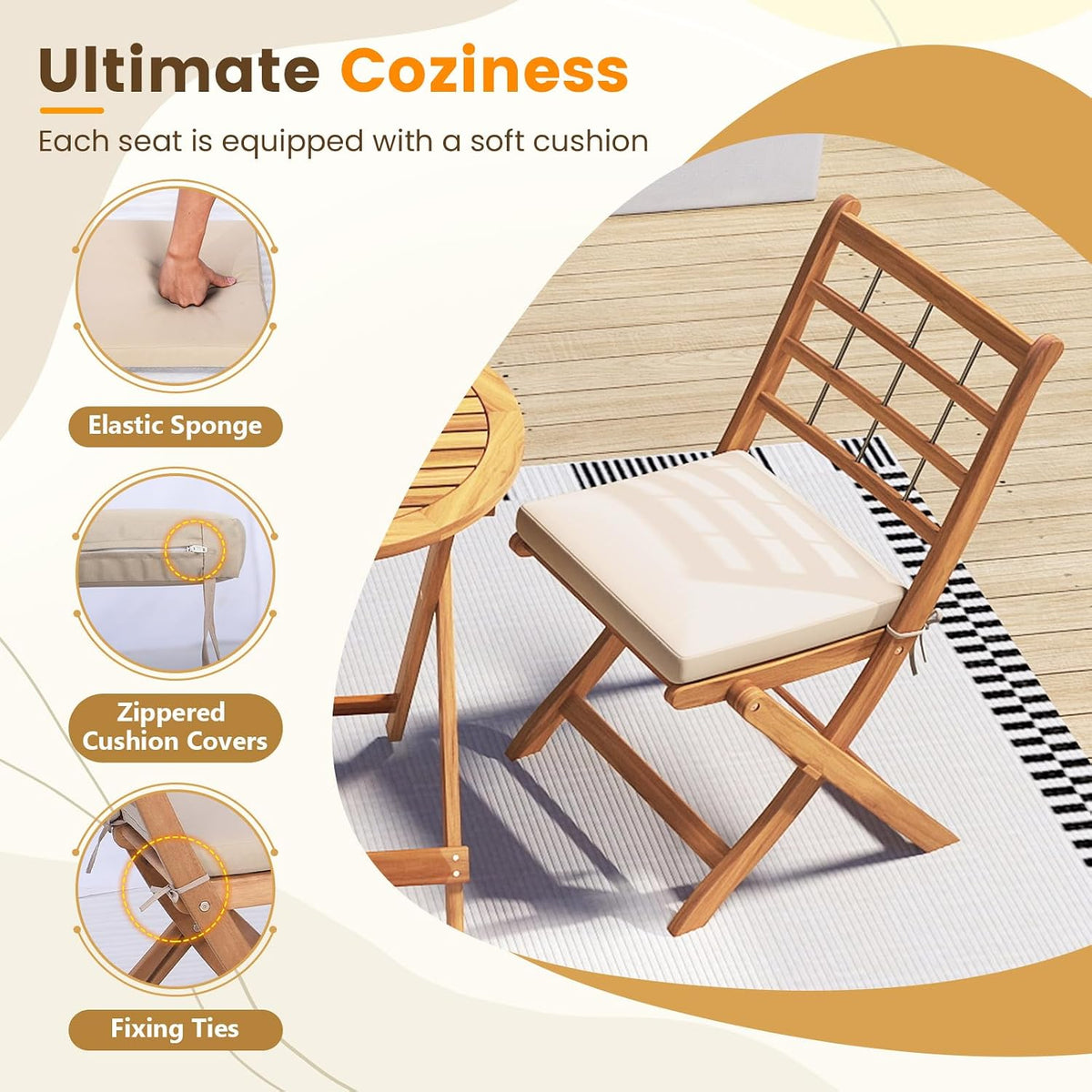 Tangkula 3 Piece Patio Wood Bistro Set, Folding Table Chair Set w/Soft Seat Cushions, Acacia Wood Frame, High-Back Portable Chairs w/Table for Backyard, Poolside (Off White)
