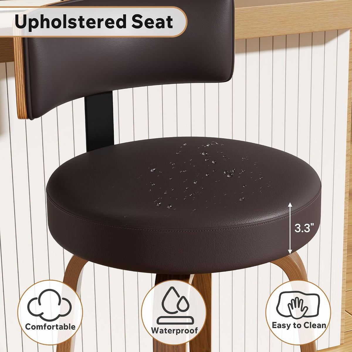 Swivel Bar Stools Set of 3, 26" Faux Leather Upholstered Counter Height Bar Stools with Back and Bentwood Legs, Mid Century Modern Bar Chairs Island Stools for Kitchen Counter, Dark Brown