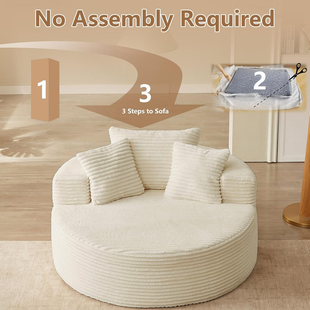 Oversized Round Chair Lounge Chaise Indoor, Upholstered Corduroy Deep Seat Cloud Large Circle Sofa Chair, No Assembly Required, Fluffy Modern Sleeper Sofa Bed for Reading, Living Room, Light White