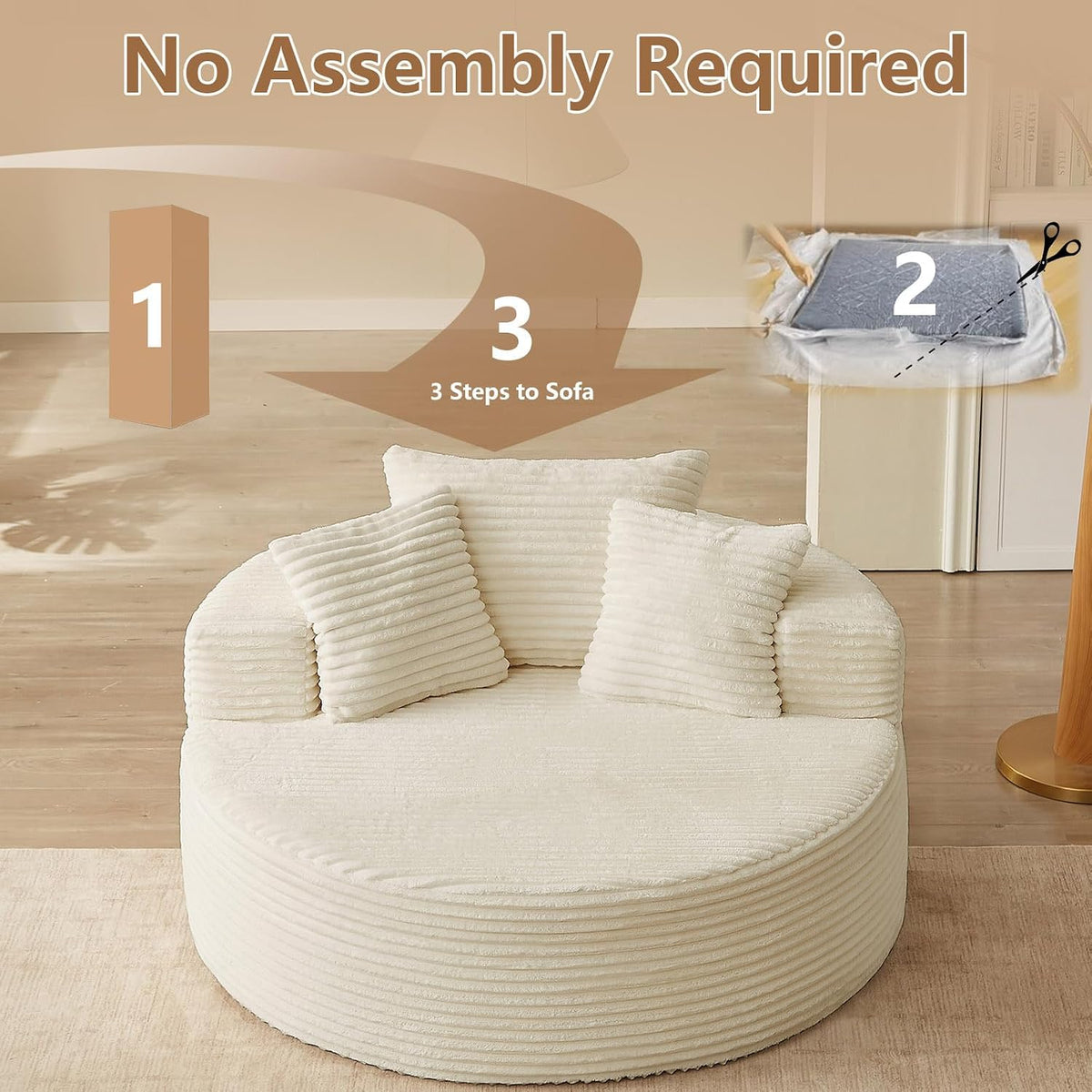 Oversized Round Chair Lounge Chaise Indoor, Upholstered Corduroy Deep Seat Cloud Large Circle Sofa Chair, No Assembly Required, Fluffy Modern Sleeper Sofa Bed for Reading, Living Room, Light White