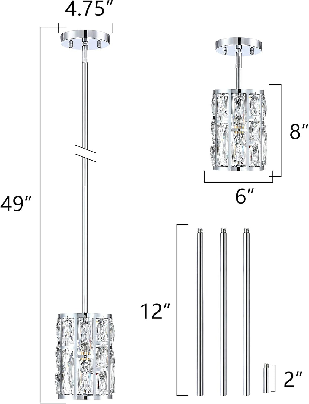 MEXO Modern Crystal Pendant Light Fixture 2-Pack Chrome Finish Hanging Lighting Crystal Chandelier for Kitchen Island