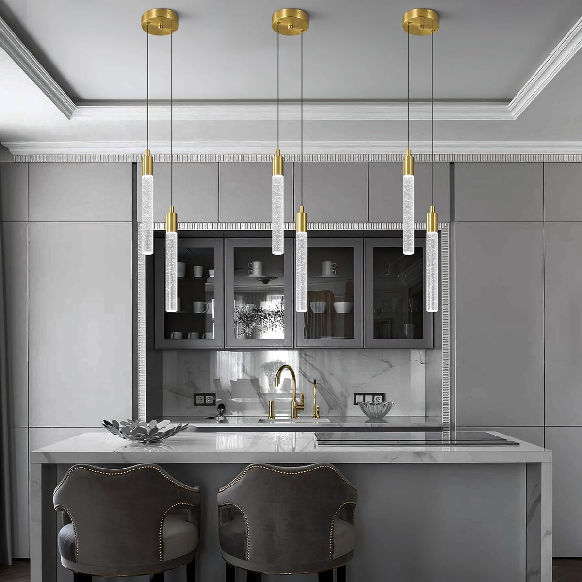 Modern Light Fixture Kitchen Island Pendant Light Dimmable LED Gold Pendant Lights Mini Crystal Pendant Lighting for Bedroom Dining Room Living Room（2-Light ）