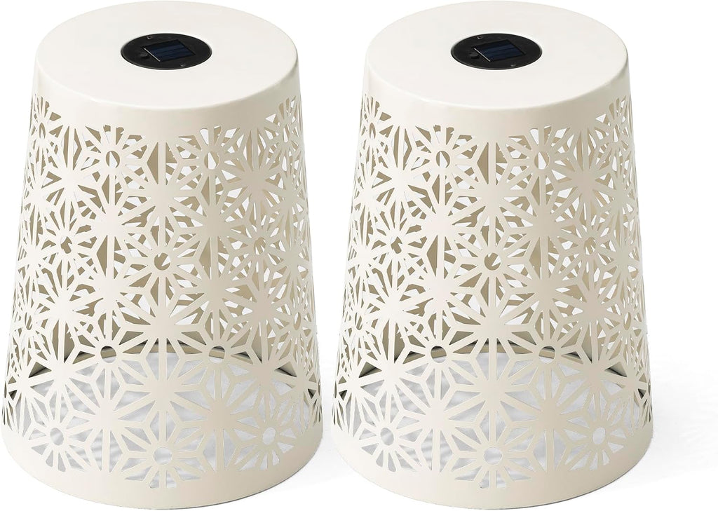 Glitzhome Ourdoor Side Table Set of 2,Solar Iron Cutout Geometric Pattern Decorative Garden Stool Planter Stand,Accent Table or Lantern for Patio Poolside Party Yard,White