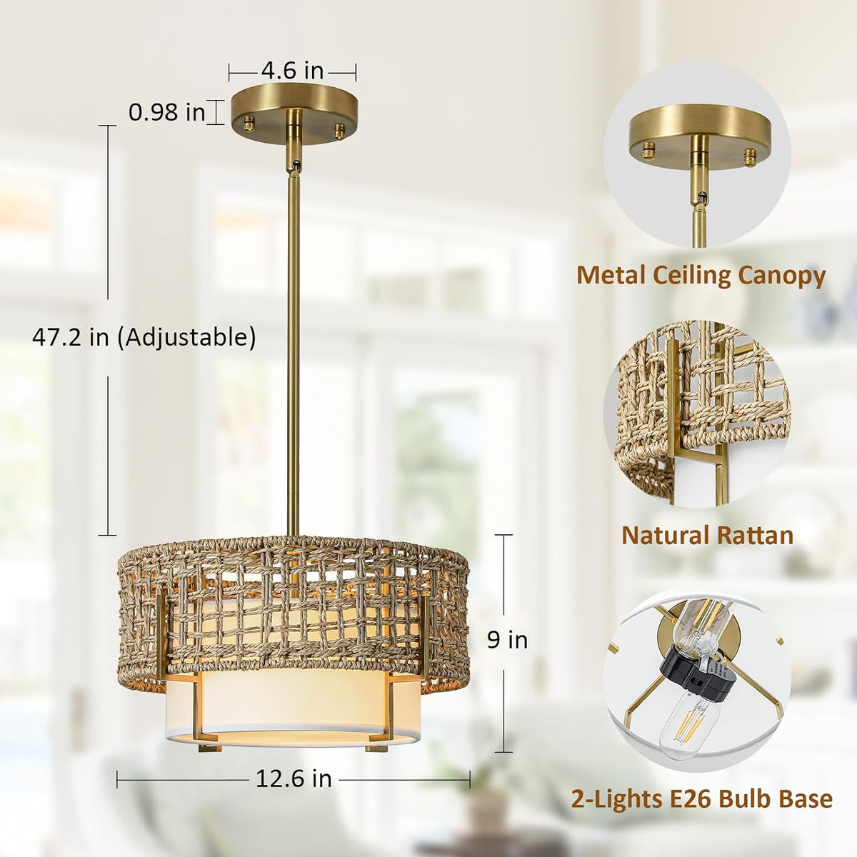 12.6" rattan pendant light, boho chandelier for kitchen shown in use