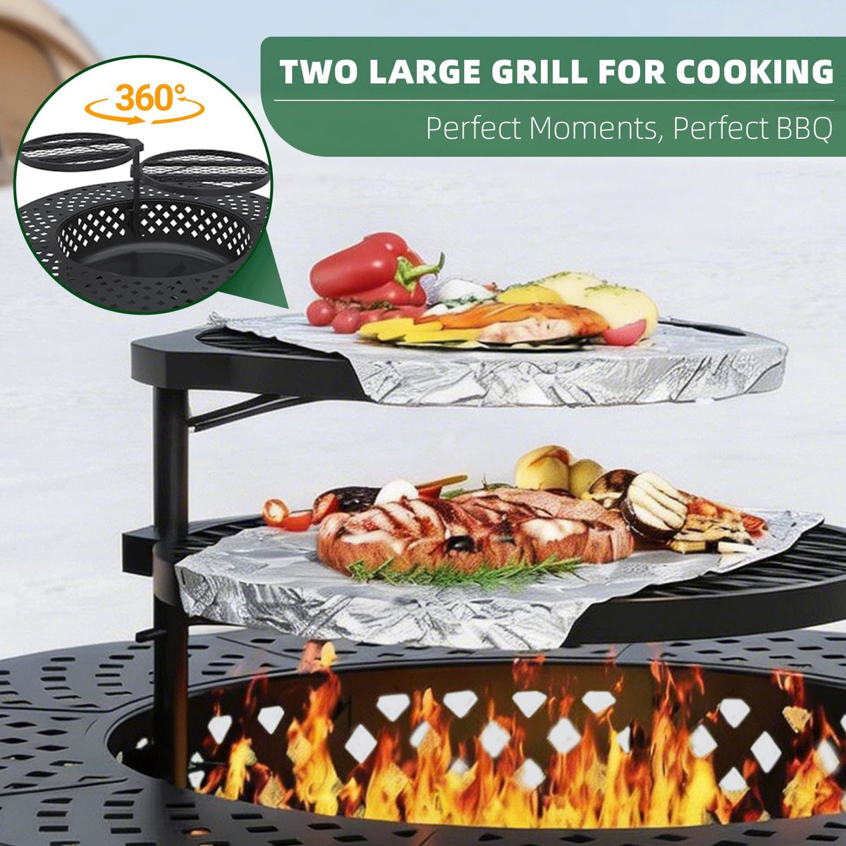 43 Inch Fire Pit with 2 Grill, Wood Burning Firepit with Lid