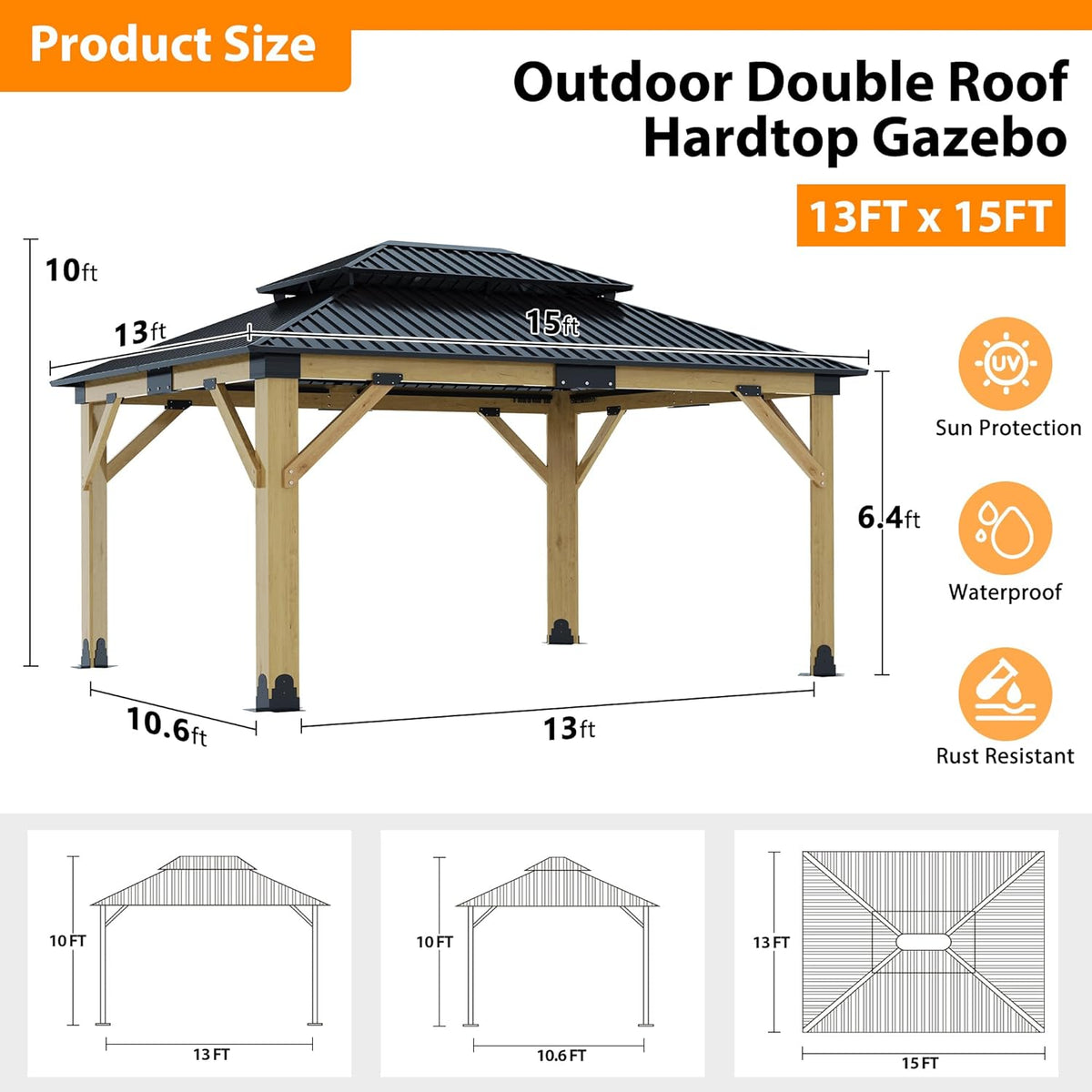 13x15FT Wood Gazebo,Outdoor Wooden Gazebo with Glavanized Steel Double Roof, Hardtop Gazebos for Garden, Patio, Deck, Backyard