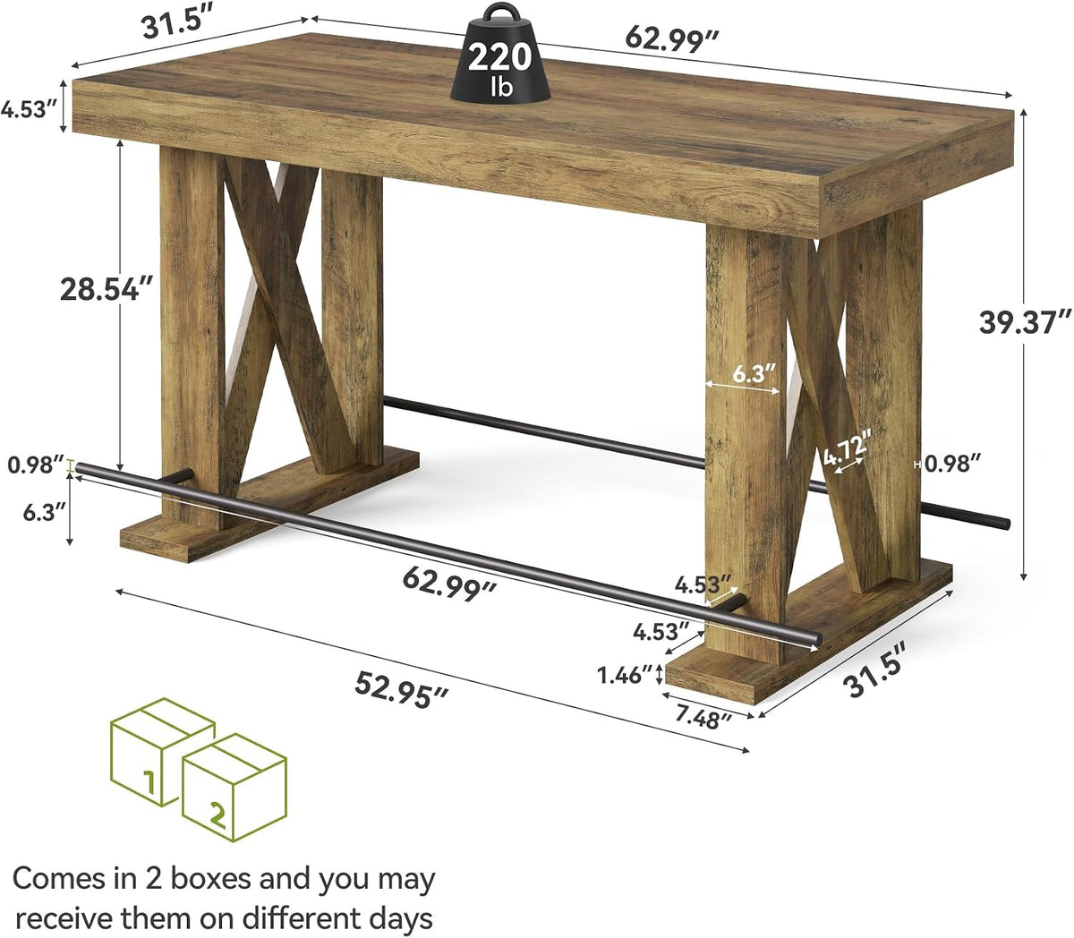 LITTLE TREE 63" Bar Table, Pub Table with Metal Footrest (Rustic Brown,2)