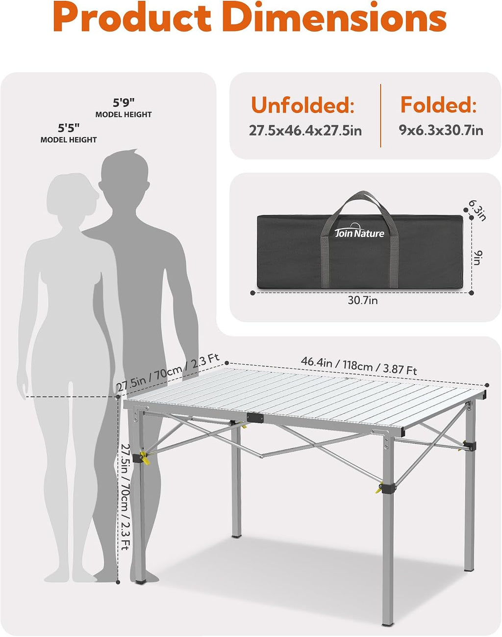 Join Nature 46.4" Large Camping Table for 2-6 People, Heavy Duty Foldable