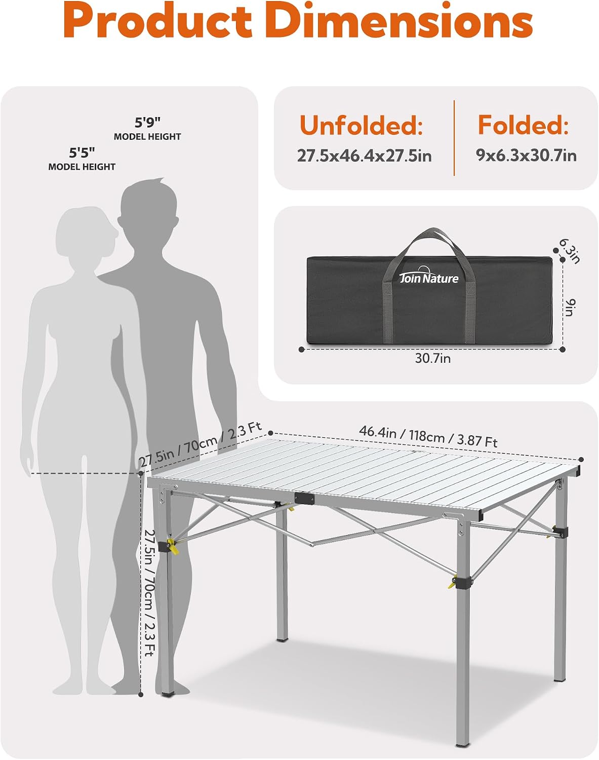 Join Nature 46.4" Large Camping Table for 2-6 People, Heavy Duty Foldable