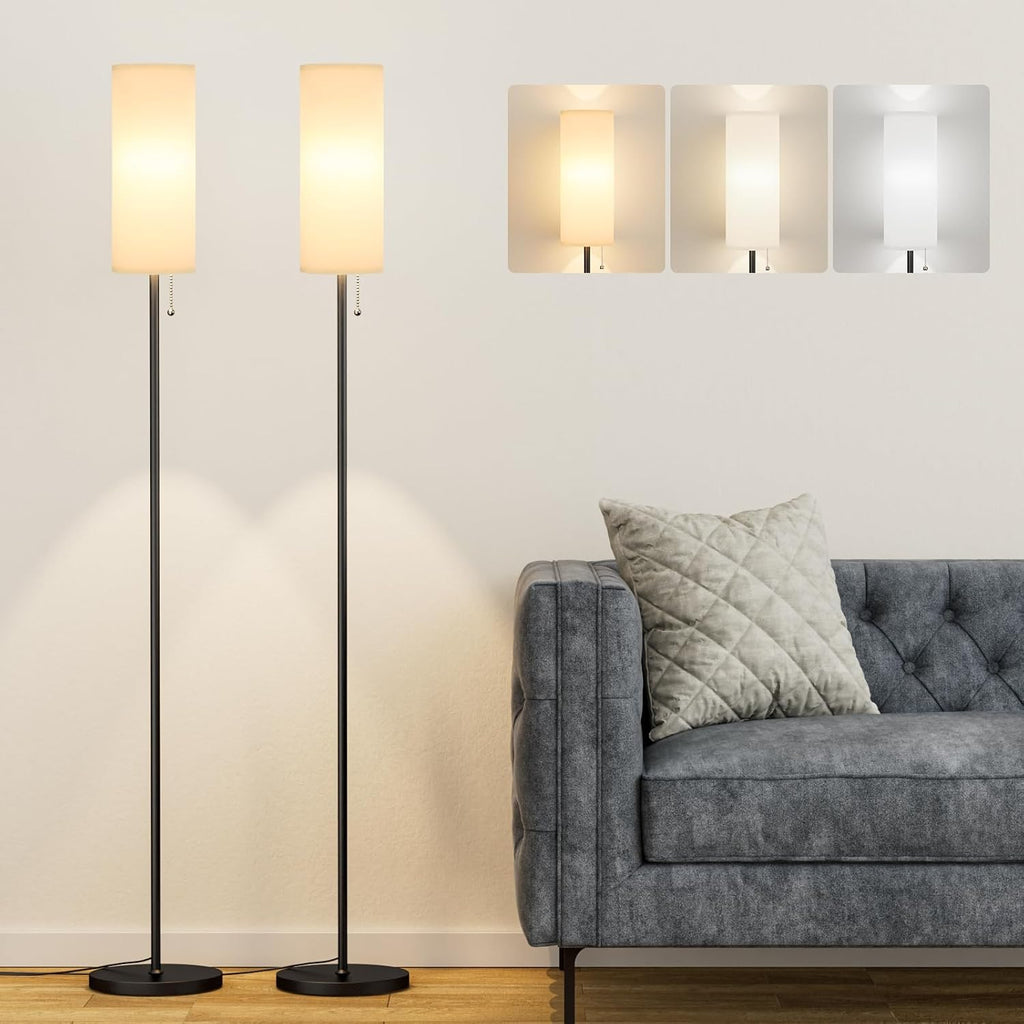 Ambimall Floor Lamp with Bulb & Lampshade & Chain Switch Set of 2, White