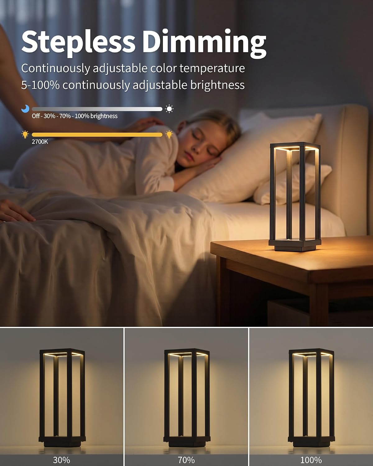 PUSU Cordless Waterproof Table Lamps Set of 2, Black LED Outdoor Desk Lamp
