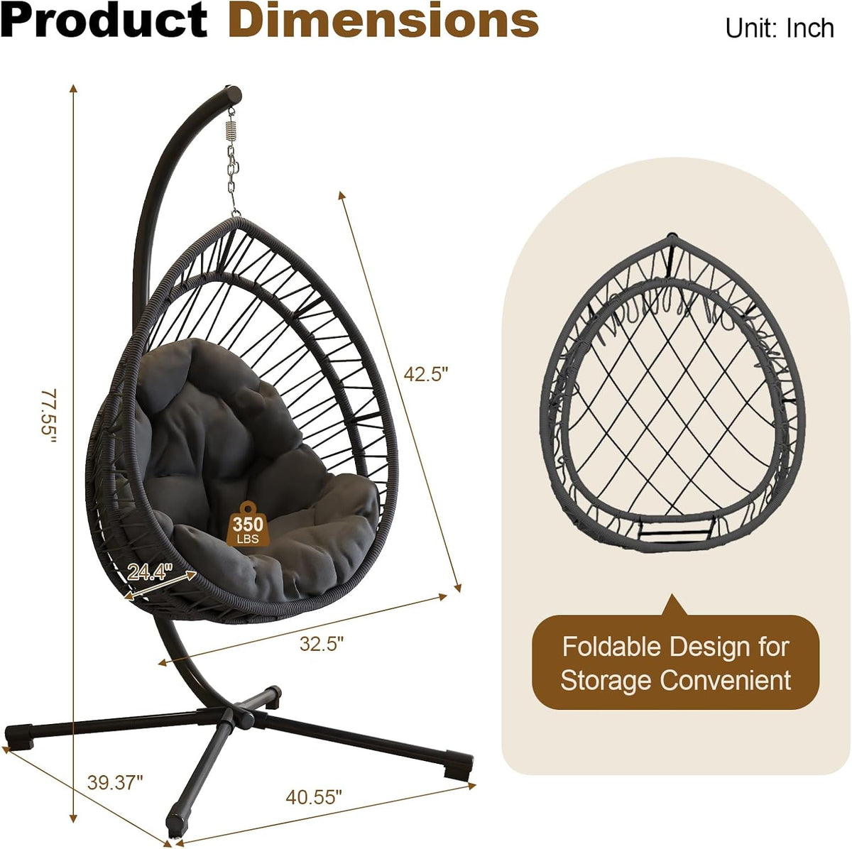 hanging egg chair with stand, foldable swing hammock, close-up detail