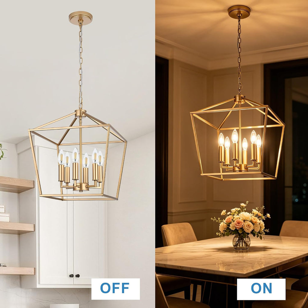 gold farmhouse chandelier, 6-light lantern pendant light fixture showing dimensions