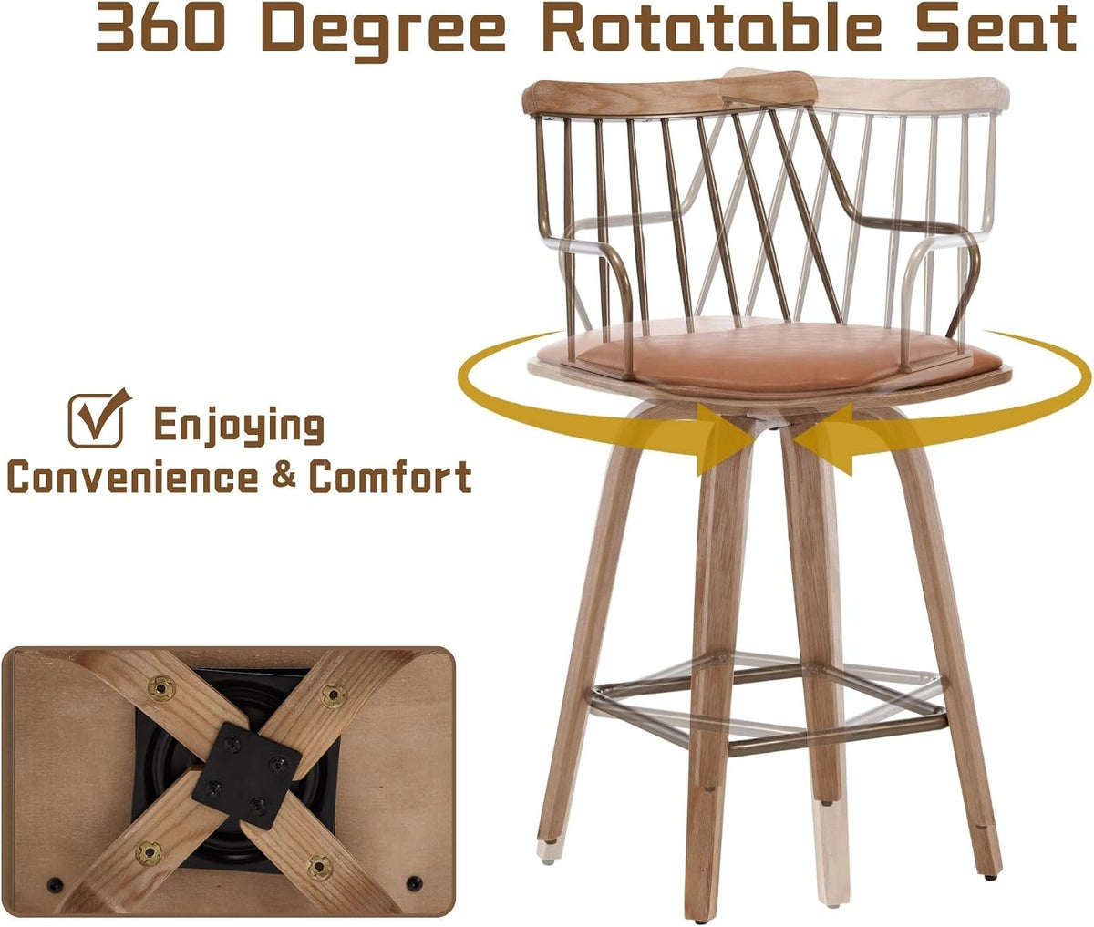 HNY Swivel Counter Height Bar Stools Set of 2, Brown Faux Leather Barstools