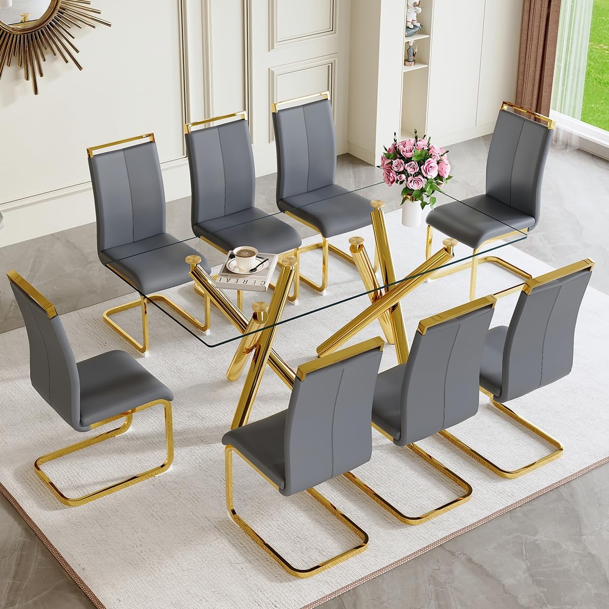 AZmac Modern Dining Table Set for 8 with Gold Metal Frame, 9-Piece Glass Dining Table with PU High Back Chairs for Kitchen Dining Room, Glass Table and 8 Dark Gray Chairs