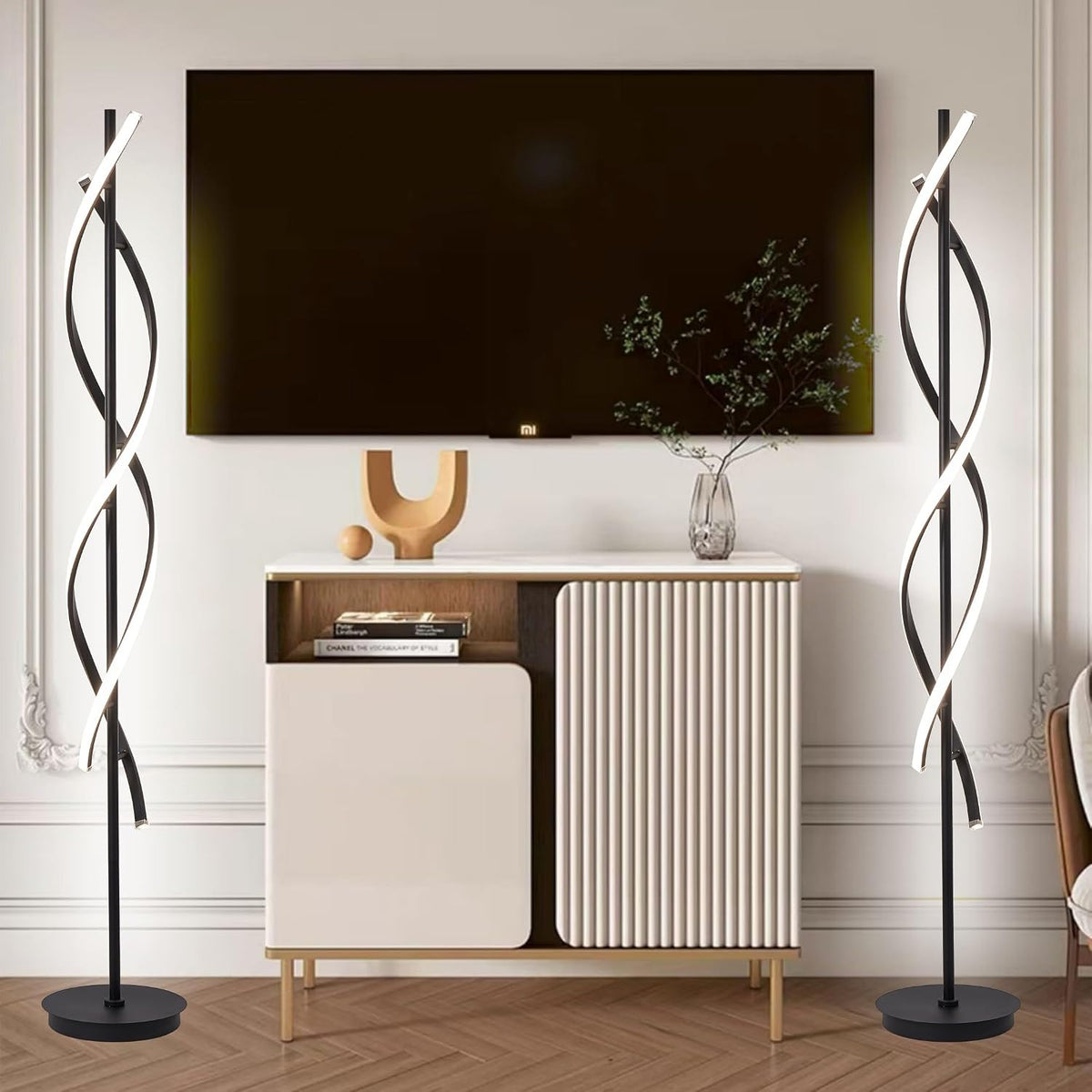 NKU Spiral Floor Lamp for Living Room Modern LED Floor Light with Remote Dimmable Control Sleek Spiral Design Corner Lamp for Bedroom and Office Lighting Tall Standing Black 63 Inch