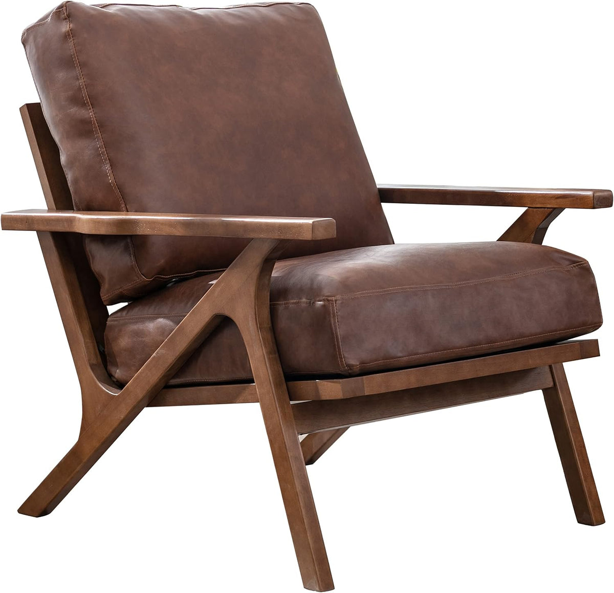 chairus Mid-Century Modern Brown Faux Leather Accent Chair, Comfy Upholstered Lounge Armchair with Removable Cushions & Solid Wood Frame, Retro Fabric Reading Chair for Living Room Bedroom Office