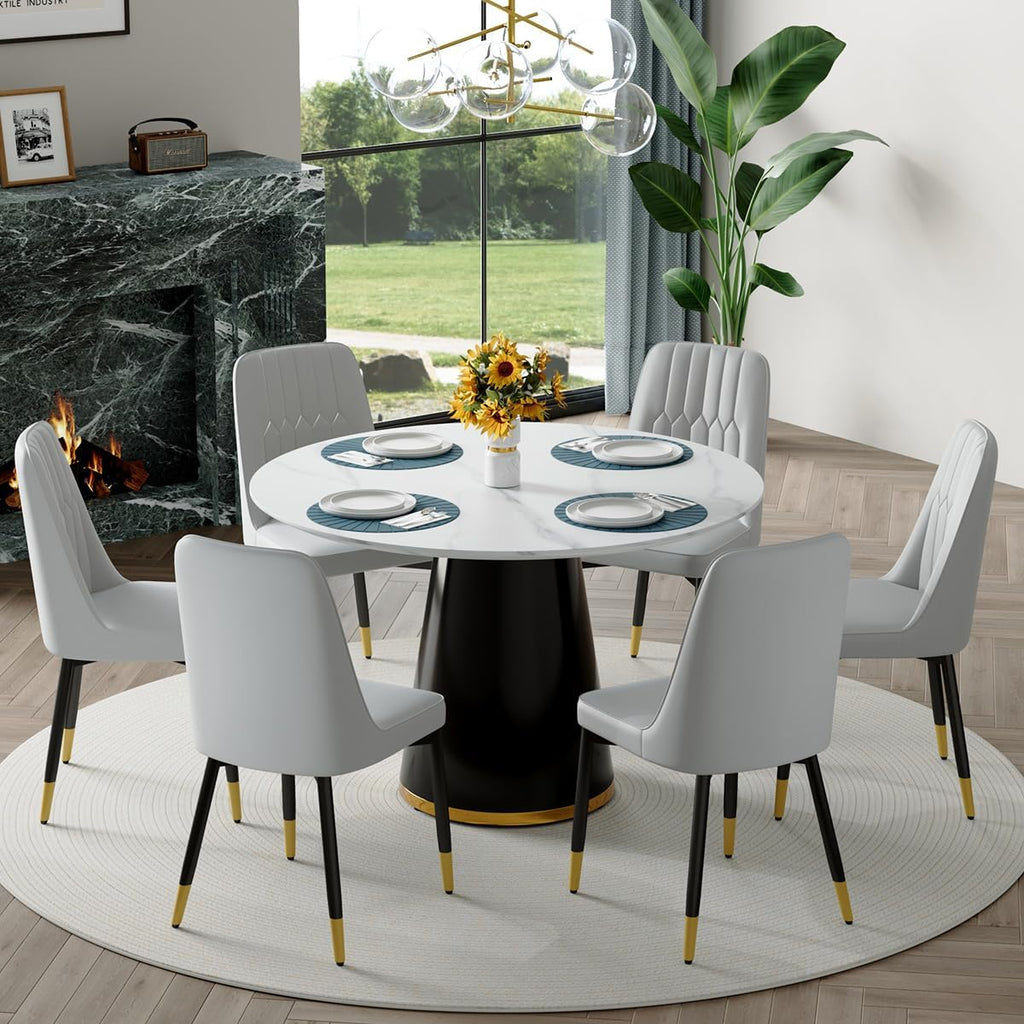 Round Dining Table Set for 6, 45" Round Wooden Dining Set with Cushioned Chairs, White Round Table and Chair Set for Kitchen