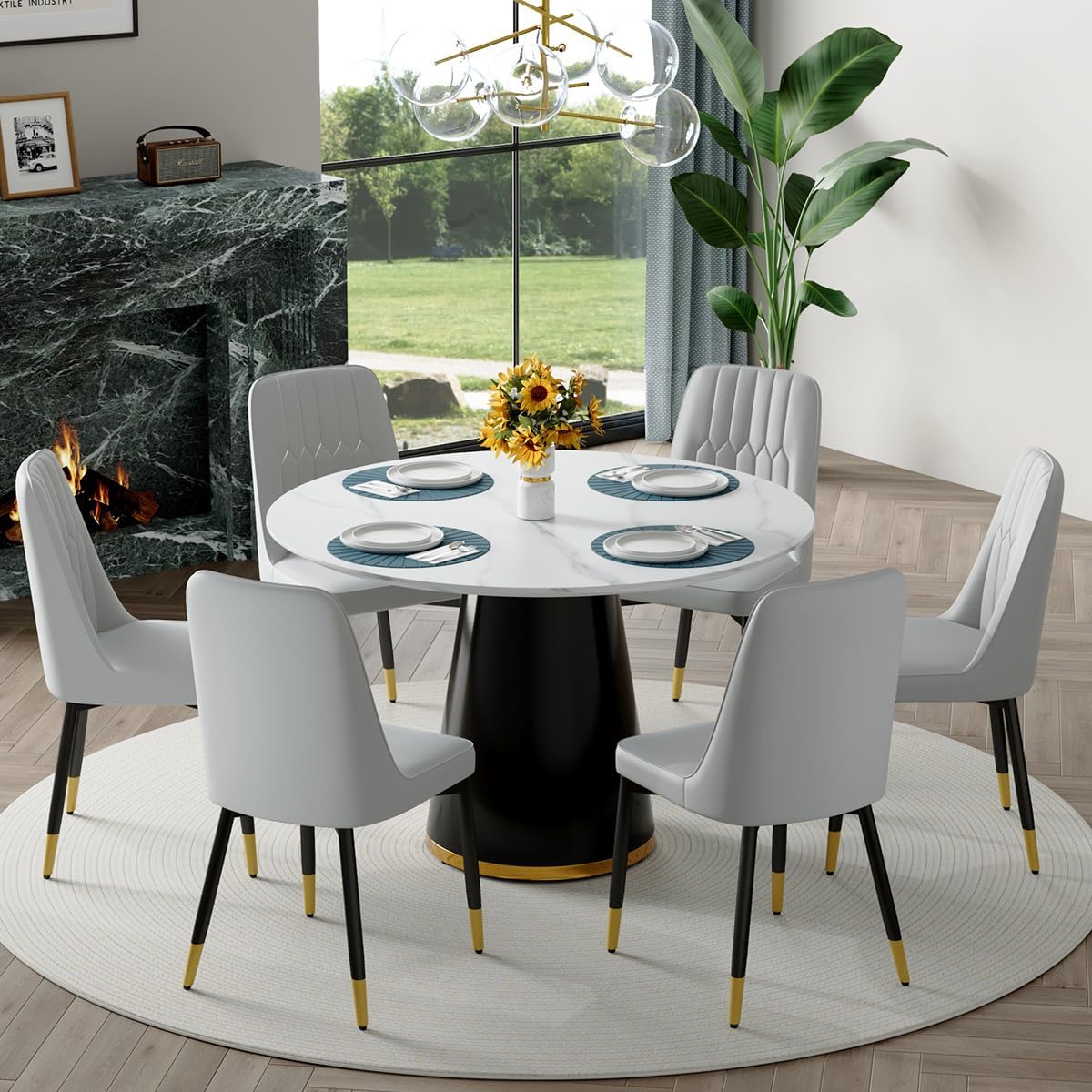 Round Dining Table Set for 6, 45" Round Wooden Dining Set with Cushioned Chairs, White Round Table and Chair Set for Kitchen