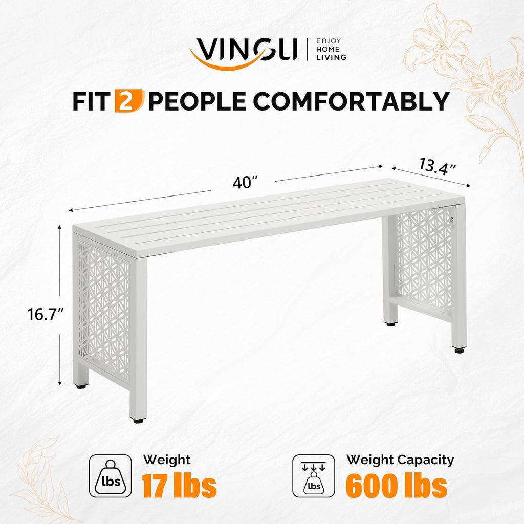 VINGLI 40in Outdoor Metal Bench, All-Weathe Backless Patio Bench with Slatted Seat＆Floral Side Panels, Rust-Resistant Garden Bench, Weatherproof Outdoor Seating for Porch Entryway Backyard (White)