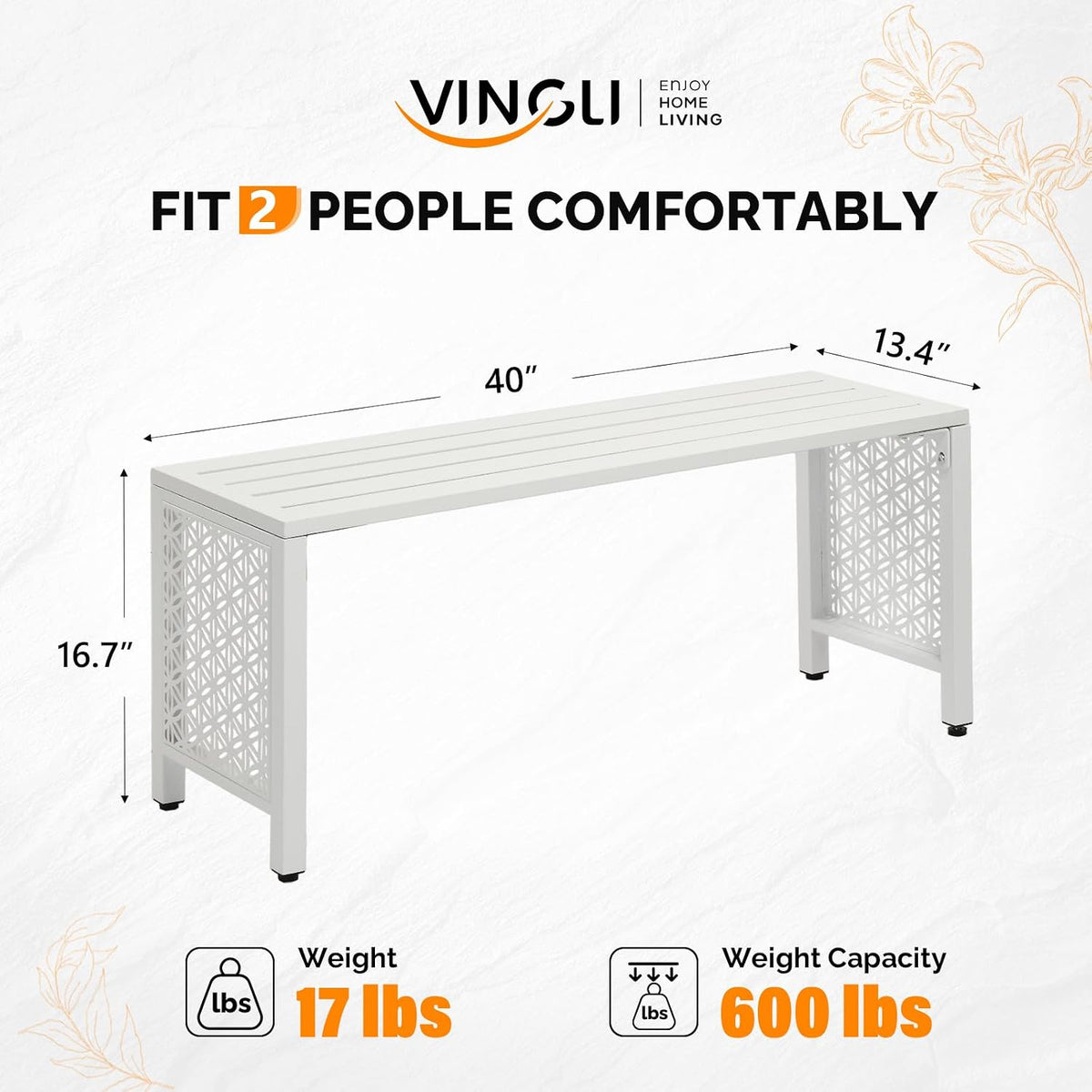 VINGLI 40in Outdoor Metal Bench, All-Weathe Backless Patio Bench with Slatted Seat＆Floral Side Panels, Rust-Resistant Garden Bench, Weatherproof Outdoor Seating for Porch Entryway Backyard (White)