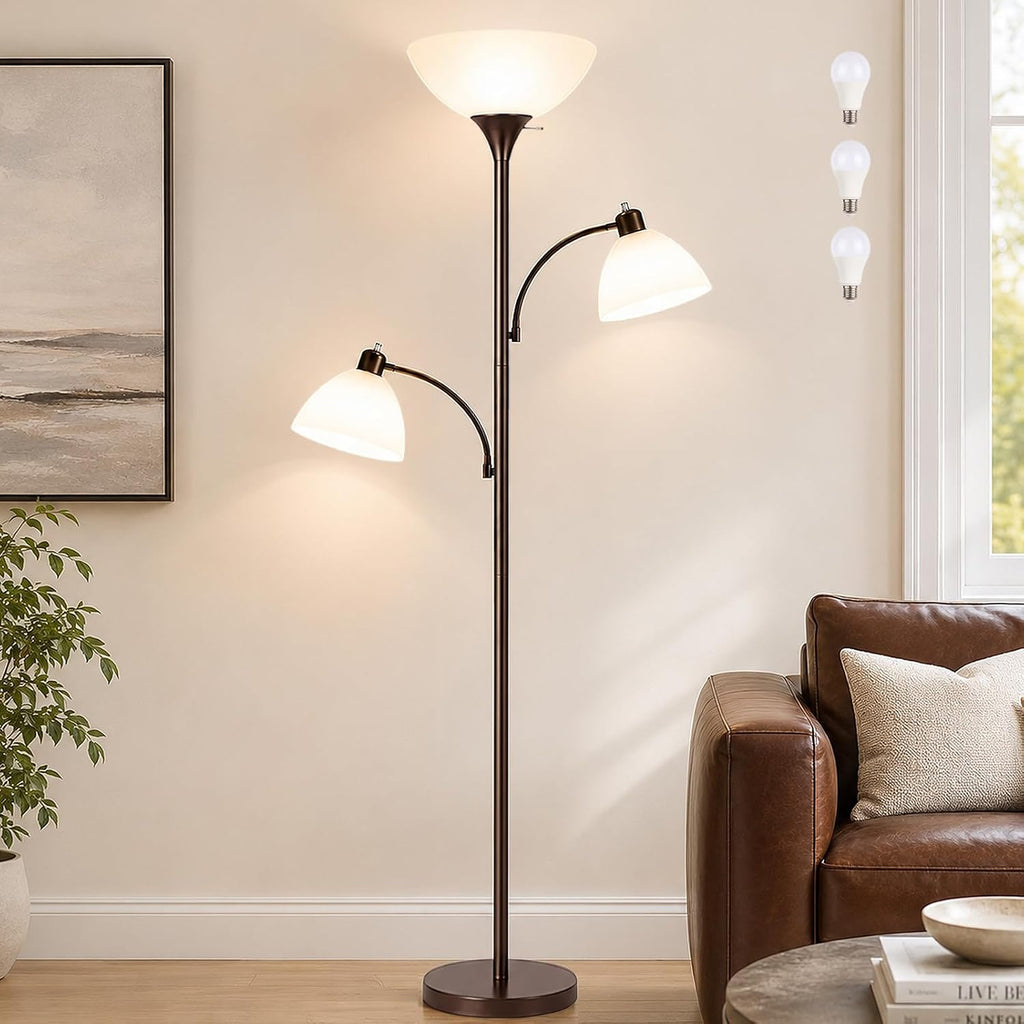 3-Head Torchiere Floor Lamps with 2 Reading Lamp for Living Room-Brown