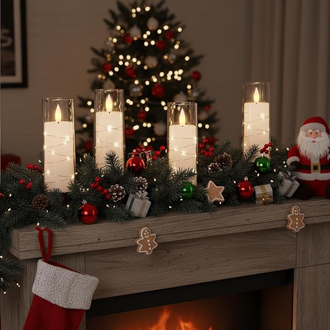 Raycare Flameless Candle with Remote Timer – 9 Flickering Acrylic Battery Operated LED Pillar Candles with Embedded Star String for Halloween, Home Decor, and as a Gift (White) (9 Pcs)
