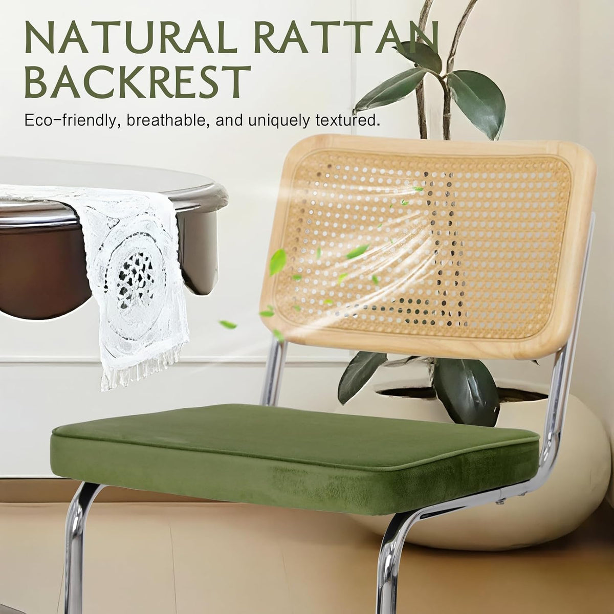 Rattan Dining Chairs Set of 6,Velvet Cushion Kitchen Cesca Chairs,Green