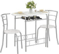 VECELO 3-Piece Dining Table Set for Kitchen Breakfast Nook, Faux Marbled Oval Tabletop and Metal Frame with Built-in Wine Rack, for Small Spaces, White & Silver