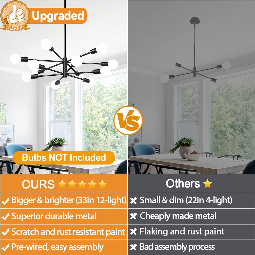 11"-52" Height Adjustable Modern Chandelier Ceiling Light Fixture, 12-Light Sputnik Chandeliers Matte Black Mid Century Chandelier Over Table, Chandeliers for Dining Room Living (Bulbs Not Included)
