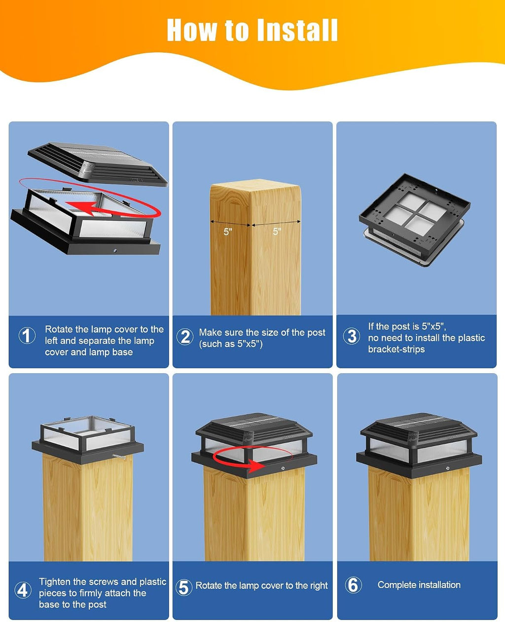 solar post cap lights, fits 5x5 4.5x4.5 4x4, front angle view