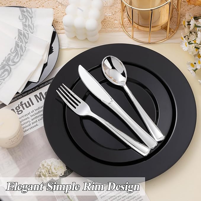 100PCS Black Plastic Plates Set, 50 10.25 inch Dinner Plates and 50 7.5 inch Dessert Plates, Premium Disposable Plates for Party, Wedding,Halloween
