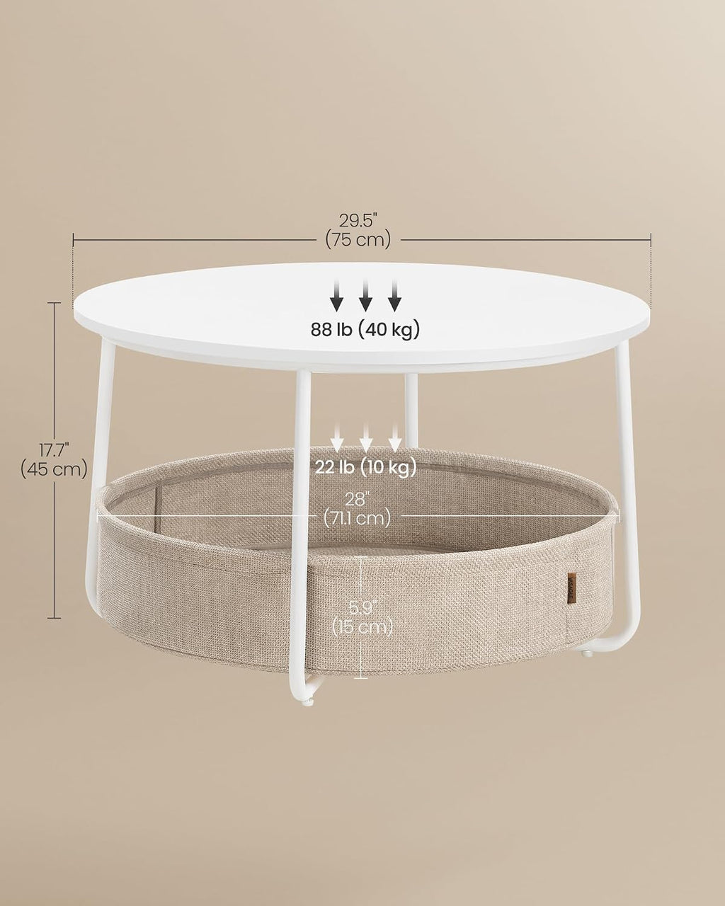 VASAGLE Round Coffee Table with Storage, Fabric Basket, Metal Frame