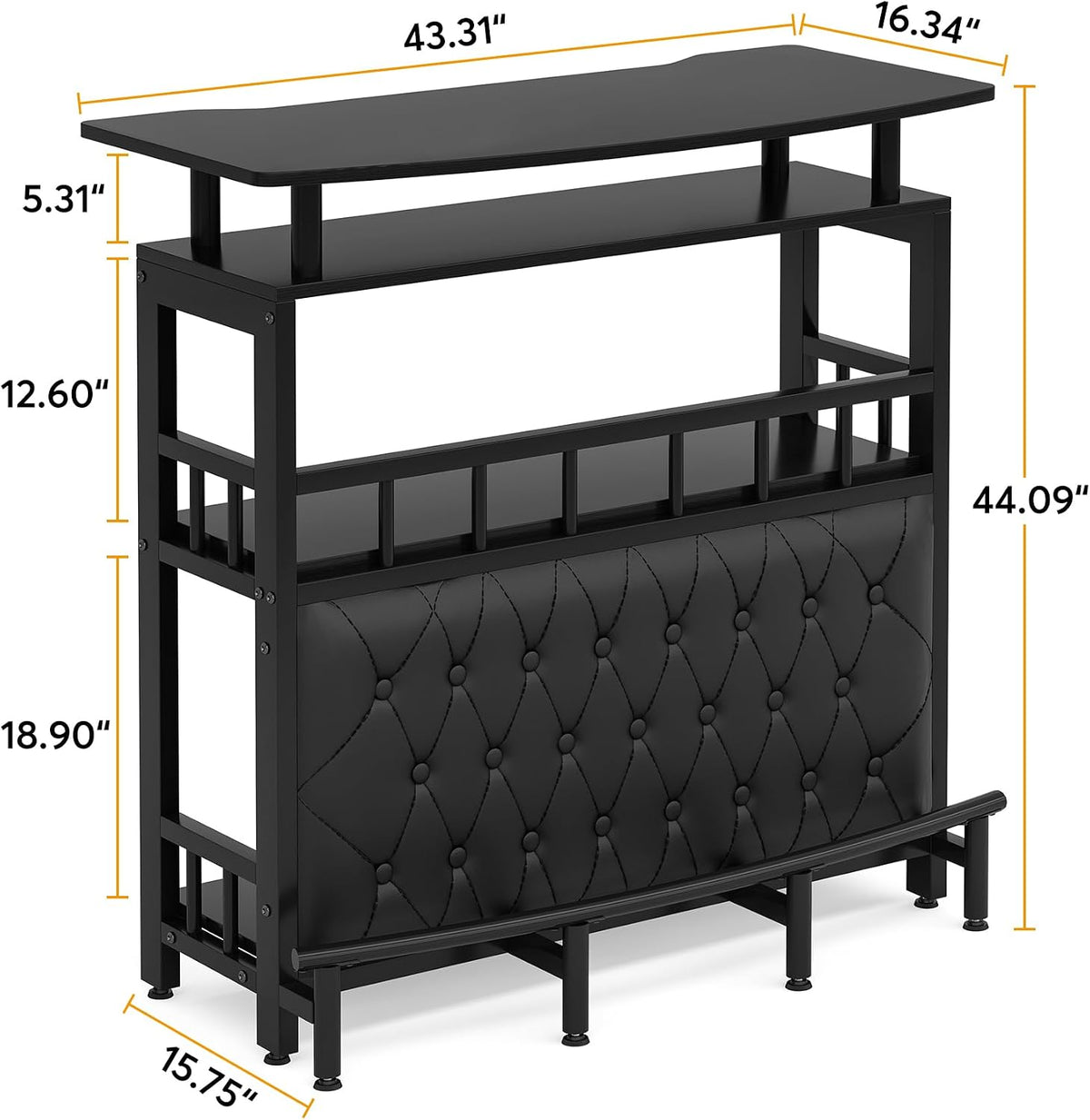 Tribesigns Home Bar Unit for Liquor, 44-Inch Bar Height Table with Storage, Black Mini Entertainment Carts Pub Table with Upholstered&Metal Front Footrest for Kitchen, Balcony, Basement
