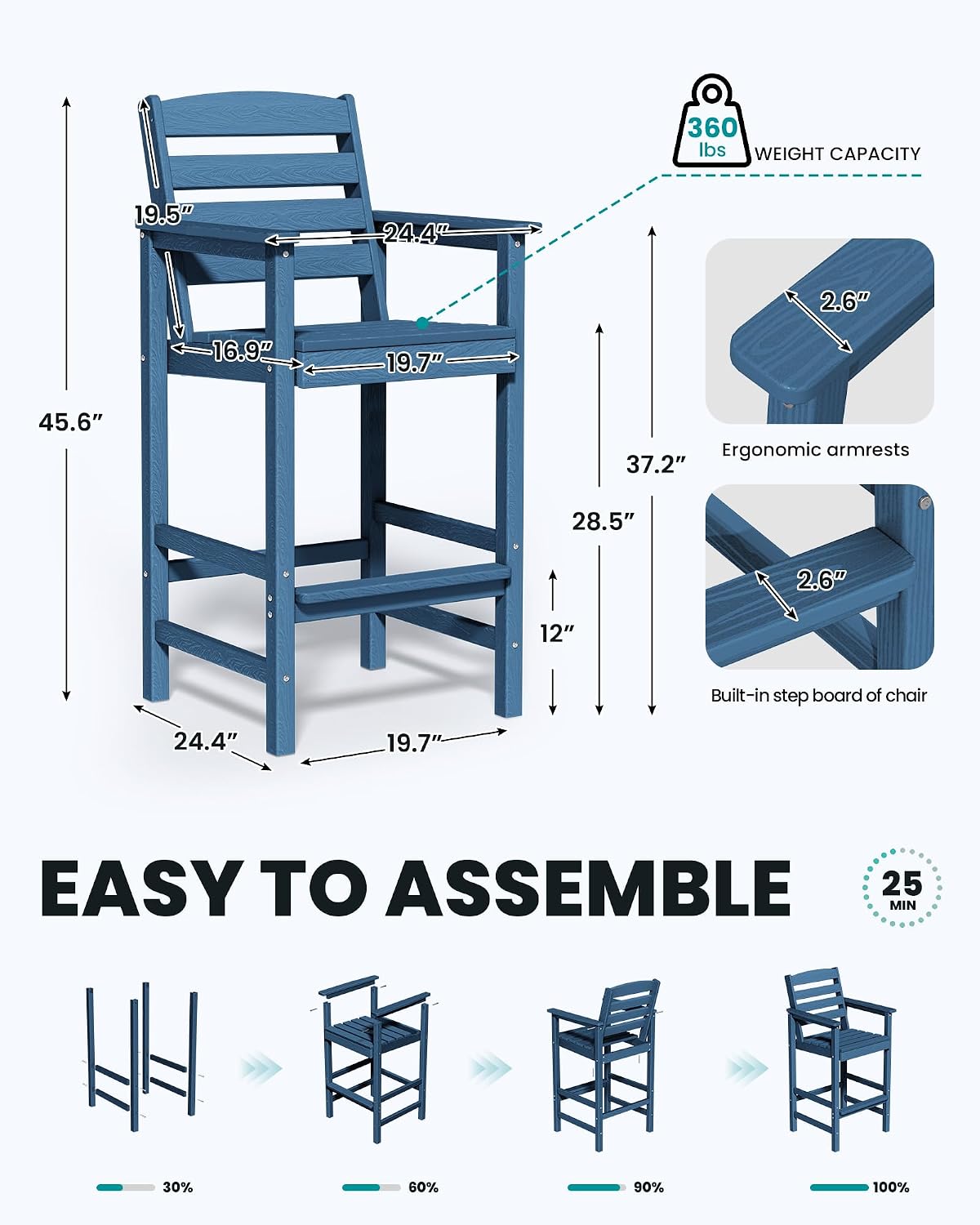 SERWALL 2-Pieces Tall Adirondack Chairs, HDPE Balcony Barstools Set, Blue