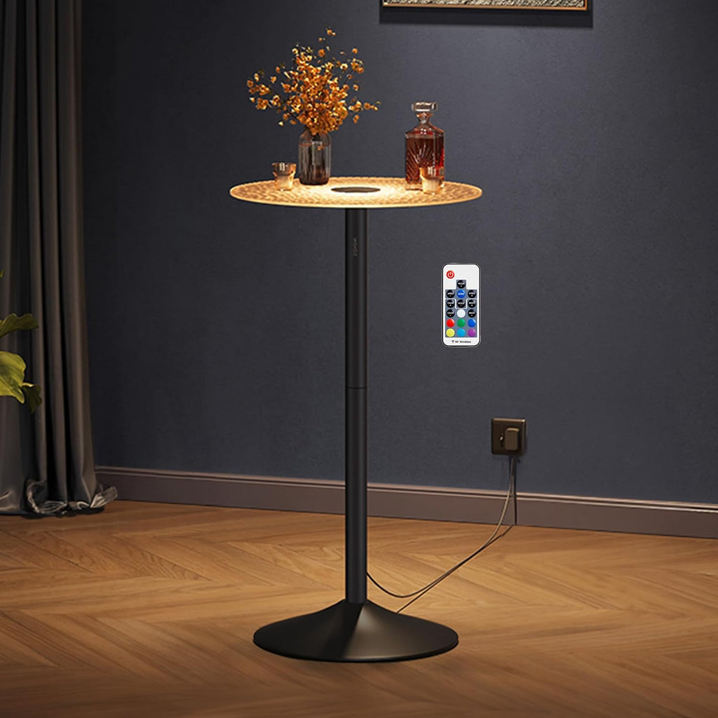 VASAGLE Round Bar Table with Multi-Colored Lights and Glass Top