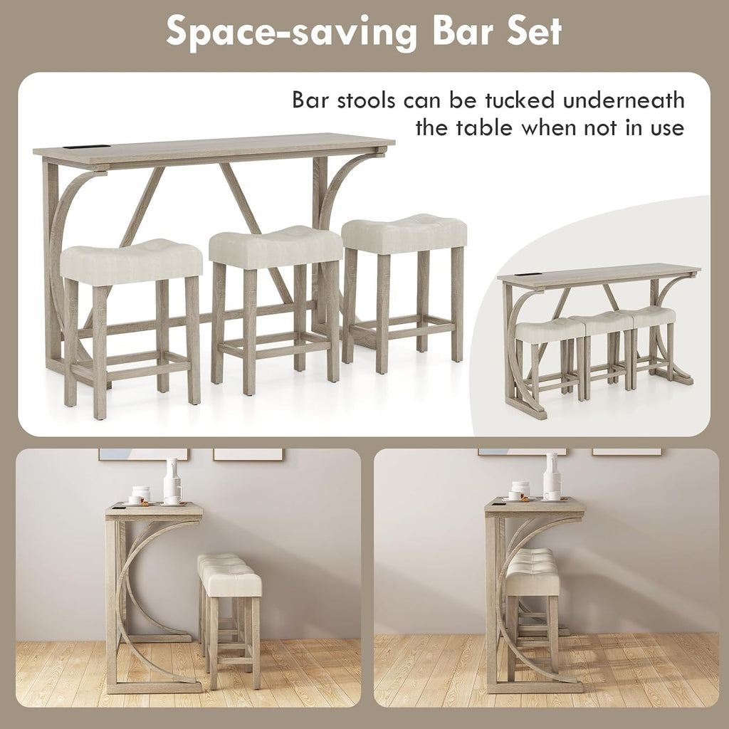 GIANTEX Small Dining Table Set - 4-Piece Bar Table and Chairs Set with Power Outlet, Upholstered Saddle Seat Stools, Counter Height Dining Table Set, Breakfast Nook for 3 People, Kitchen Table Set