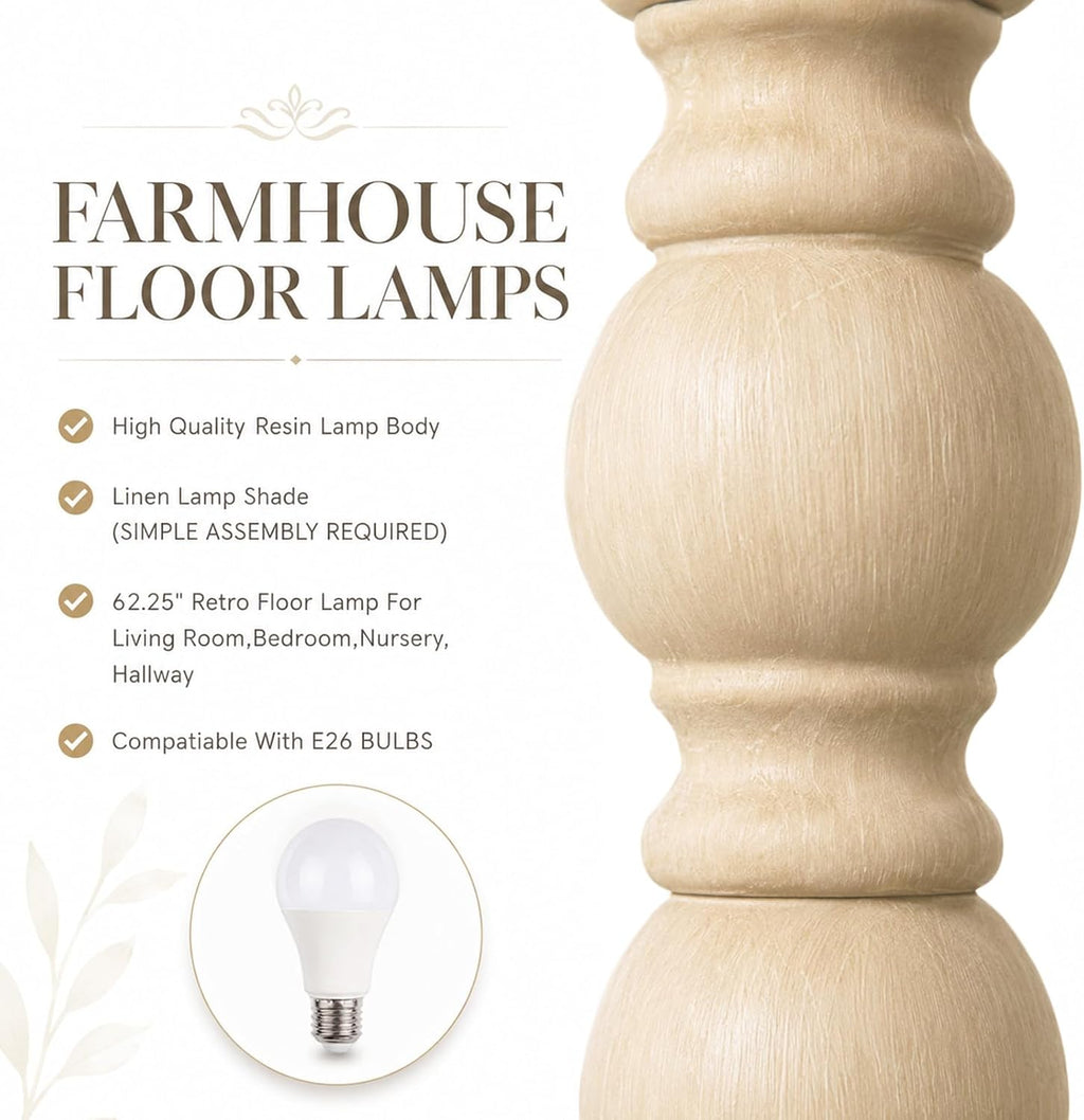 Farmhouse Floor Lamp for Living Room, Tall Standing Lamp with 9W LED Bulb