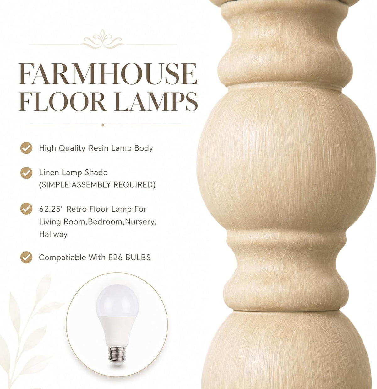 Farmhouse Floor Lamp for Living Room, Tall Standing Lamp with 9W LED Bulb
