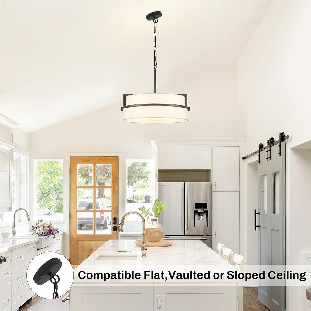 19.7" Black Drum Chandelier, Drum Pendant Light with White Linen Shade