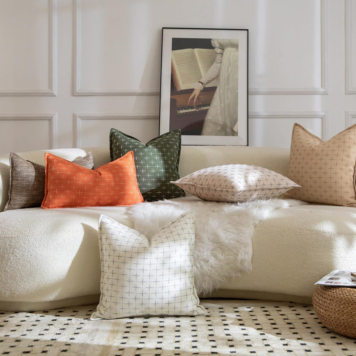 MANDIOO Pack of 2 Burlap Linen Throw Pillow Covers Woven Textured Modern Farmhouse Cushion Covers Pillowcase Decorative Couch Sofa Bed Living Room 26 x 26 Inch Beige
