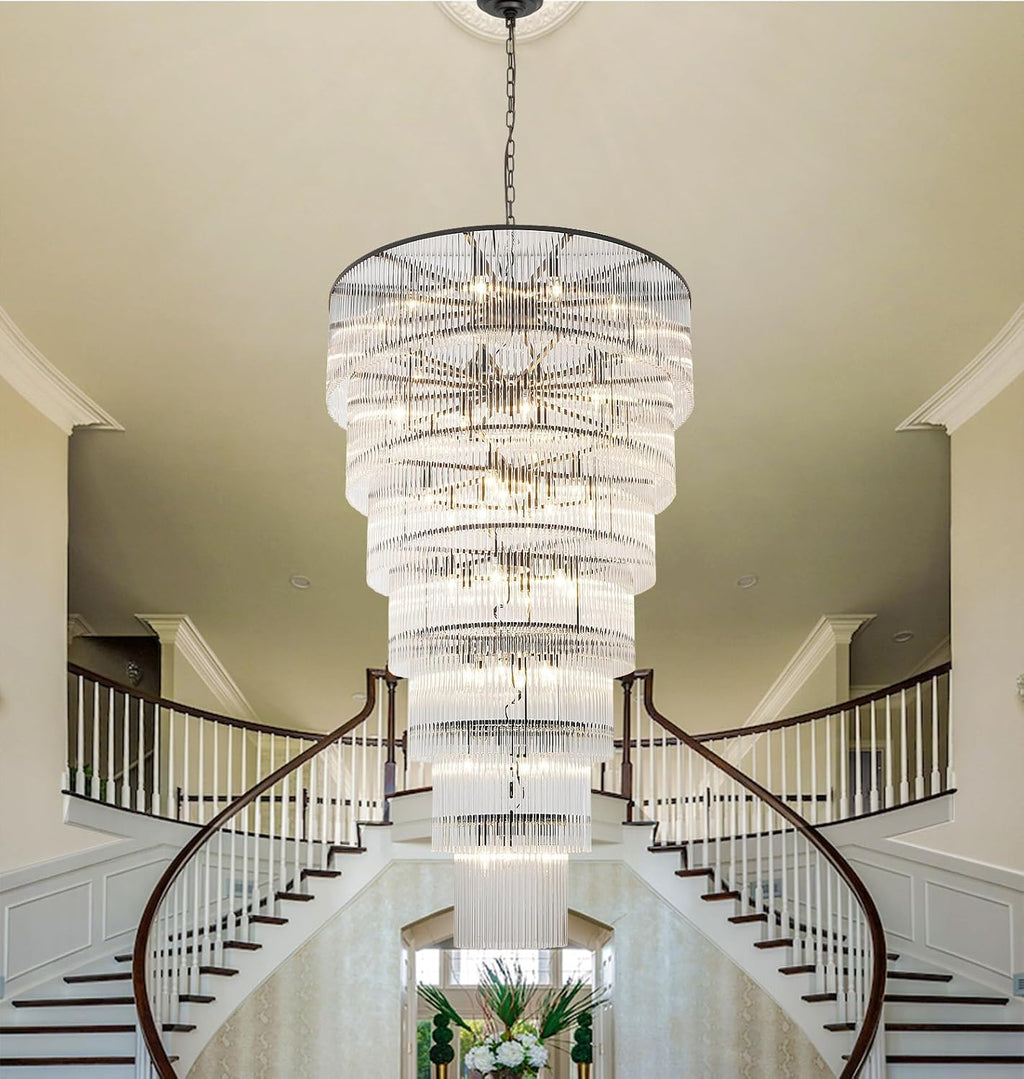 Large Black Chandelier for High Ceiling H68" 7-Tier Glass Chandelier Modern