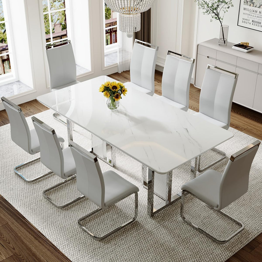 79" White Marble Dining Table Set for 8
