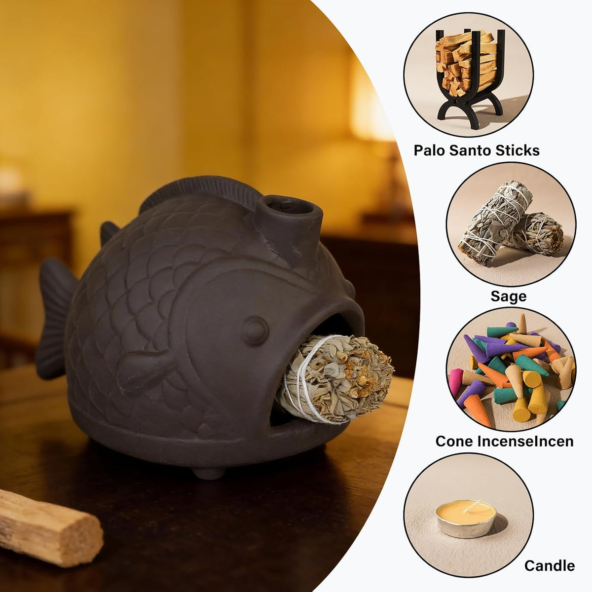 Black Fish-Shaped Palo Santo Holder, Decorative Sage Burner with Chimney