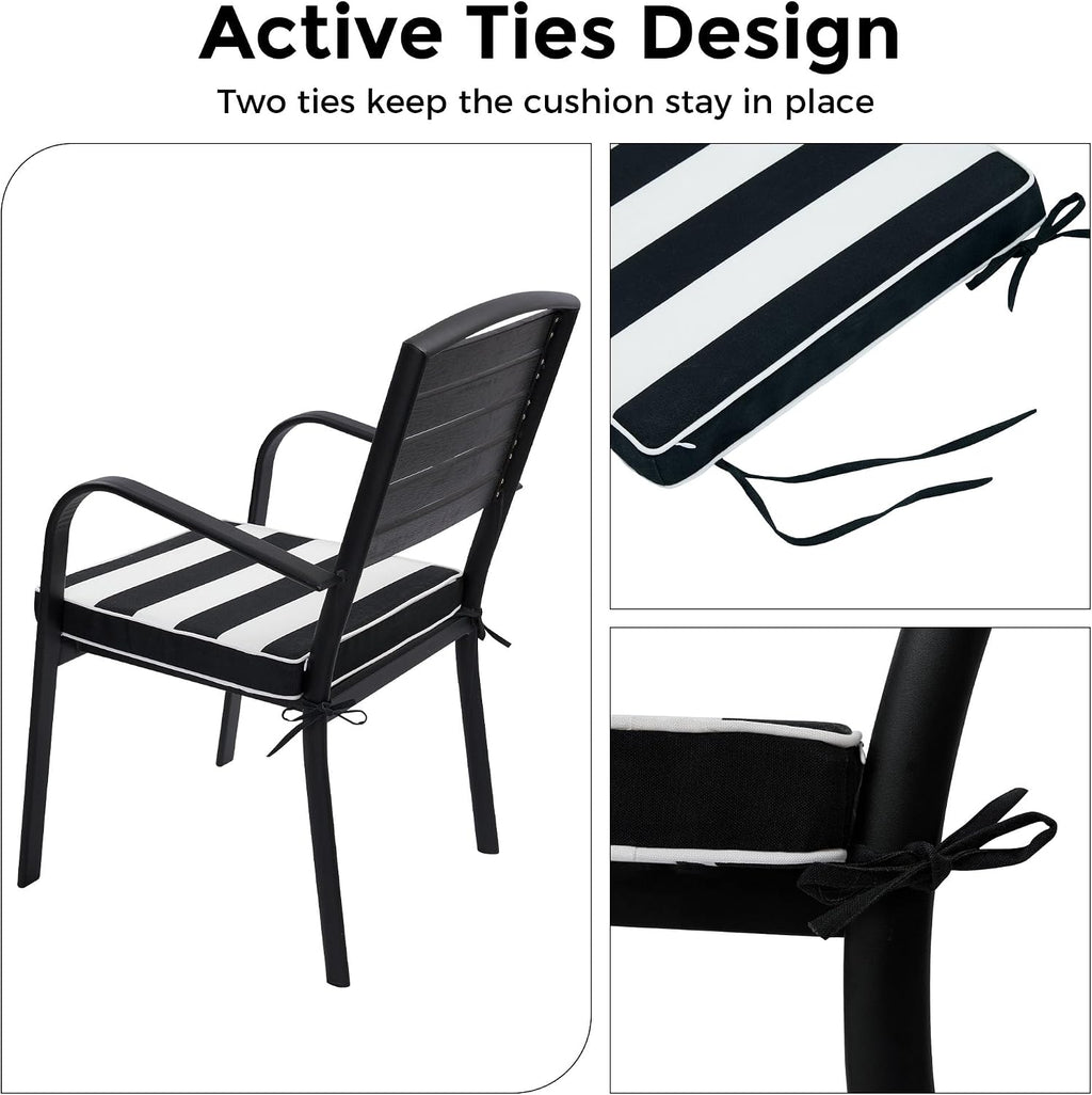 Patio Chair Cushion 18"x18"x2.5" for Patio Furniture, 2 Pack, Indoor/Outdoor Waterproof Square Corner Seat Cushion with Ties, Chair Pads for Garden Dining Office Sofa-Black White Stripe